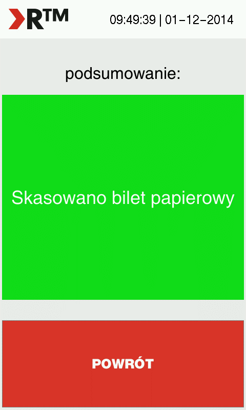 Rysunek 3: Widok okna z informacją o poprawnym skasowaniu biletu papierowego.