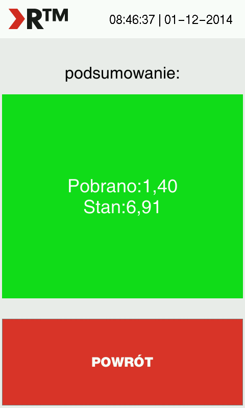 Rysunek 7: Widok okna przedstawiającego informację po skasowaniu 1-przejazdowego biletu elektronicznego